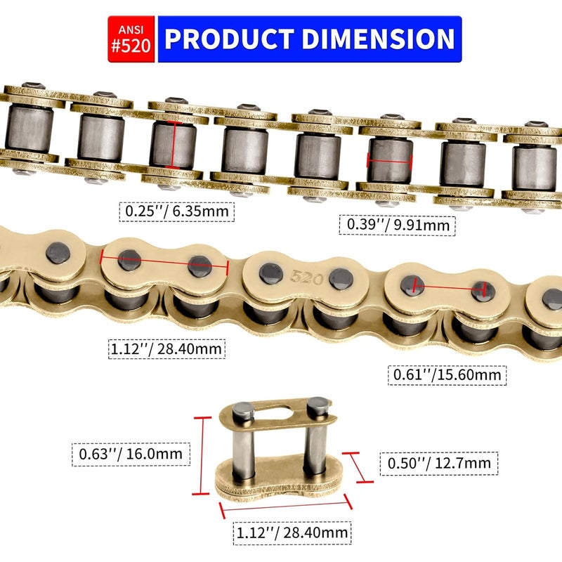 Belleone 520 Gold Motorcycle Chain 114 Links with Chain Breaker, 520 Drive Bike Roller Chain with 5 Master Links for 250cc 300cc Series DRZ250 RMZ250 KX250 KX450F CRF250R CRF450R YZ250F YZ450F - Image 2